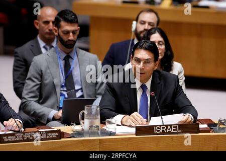 190921 -- UNITED NATIONS, Sept. 21, 2019 -- Danny Danon front, permanent representative of Israel to the United Nations, addresses a Security Council meeting on the situation in the Middle East, including the Palestinian question, at the UN headquarters in New York, Sept. 20, 2019. UN Special Coordinator for the Middle East Peace Process Nickolay Mladenov on Friday deplored the expansion of illegal Israeli settlements in the occupied West Bank, as well as continued violence in Gaza. The expansion of illegal Israeli settlements in the occupied West Bank, including East Jerusalem, continued unab Stock Photo