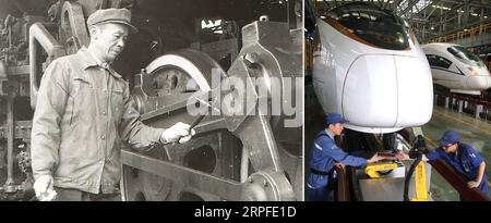 190922 -- BEIJING, Sept. 22, 2019 -- Left: File photo taken in the 1970s and provided by Nanchang railway administration shows railway worker Chen Shenglun examining the conditions of a locomotive with a hammer in Nanchang, east China s Jiangxi Province. Right: Photo taken on May 31, 2019 by shows technicians controlling a detective robot to examine a bullet train in east China s Shanghai. In 1949 when the People s Republic of China was founded, the Chinese people faced a devastated country that needed to be rebuilt from scratch after decades of warfare and chaos. After decades of unremitting Stock Photo