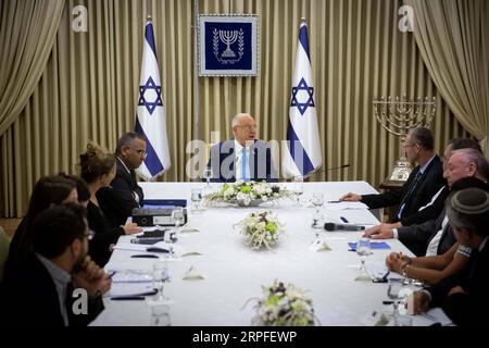 190922 -- JERUSALEM, Sept. 22, 2019 Xinhua -- Israeli President Reuven Rivlin Rear meets with members of the Likud party at the President s Residence in Jerusalem, on Sept. 22, 2019. Israeli President Reuven Rivlin began on Sunday consultations with all elected parties before he decides the person who will be tasked with forming Israel s next government amid post-election political stalemate. Yonatan Sindel/JINI via Xinhua MIDEAST-JERUSALEM-ISRAEL-PRESIDENT-NEXT PM-TALKS PUBLICATIONxNOTxINxCHN Stock Photo