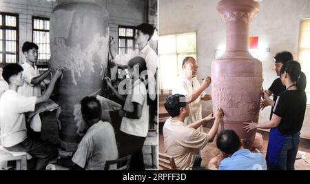 190923 -- BEIJING, Sept. 23, 2019 -- Left: File photo taken in 1973 and provided by Li Renping 2nd L shows Li learning Nixing pottery making techniques at a pottery factory in Qinzhou, south China s Guangxi Zhuang Autonomous Region. Right: Photo taken on June 14, 2019 by shows Li Renping 2nd L studying the carving methods of Nixing pottery at a workshop in Qinzhou. Despite the low number of finished products and fine artworks due in large part to technical barriers in the past, Nixing pottery is now enjoying robust growth momentum thanks to the efforts made to overcome technical difficulties, Stock Photo