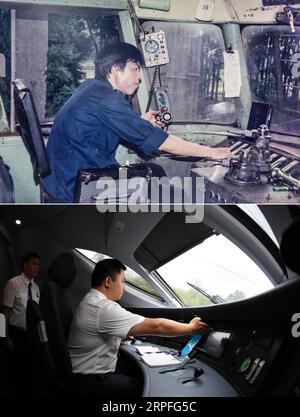 190924 -- BEIJING, Sept. 24, 2019 -- Top: File photo taken in 1987 and provided by China Railway Nanning Group Co., Ltd. shows the cab of a diesel locomotive in south China s Guangxi Zhuang Autonomous Region. Bottom: Photo taken on June 26, 2018 by shows a railway worker driving a bullet train in Nanning of Guangxi. In the past, train drivers had to call the station to confirm the inbound track and signals, and watch out for signal light on their own. Nowadays, these tasks have been replaced by automatic signal acquisition system. The mechanized control in the train cab has been replaced by di Stock Photo