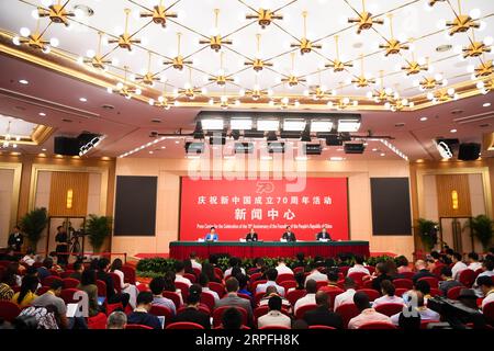 190924 -- BEIJING, Sept. 24, 2019 -- The press center for the celebration of the 70th anniversary of the founding of the People s Republic of China holds its first press conference in Beijing, capital of China, Sept. 24, 2019.  CHINA-BEIJING-NATIONAL DAY CELEBRATIONS-PRESS CONFERENCE CN WangxQuanchao PUBLICATIONxNOTxINxCHN Stock Photo