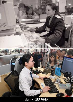 190925 -- BEIJING, Sept. 25, 2019 -- Top: File photo taken in 1988 and provided by China Railway Nanning Group Co., Ltd. shows a conductor selling tickets at a railway station in Nanning, south China s Guangxi Zhuang Autonomous Region. Bottom: Photo taken on June 14, 2019 by shows conductor Liao Yuan working at the ticket office of Nanning East Railway Station in Nanning. Railway ticket selling in China has undergone great changes. Currently, China s official railway ticket-booking website, 12306.cn, has become the largest real-time ticket transaction system in the world. According to statisti Stock Photo