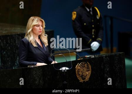 190925 -- UNITED NATIONS, Sept. 25, 2019 -- Slovak President Zuzana Caputova addresses the General Debate of the 74th session of the UN General Assembly at the UN headquarters in New York, Sept. 24, 2019. World leaders attending the ongoing General Debate of the 74th session of the United Nations General Assembly UNGA 74 on Tuesday voiced strong support for multilateralism and called for international cooperation to tackle common threats and challenges together.  UN-GENERAL ASSEMBLY-GENERAL DEBATE LixMuzi PUBLICATIONxNOTxINxCHN Stock Photo