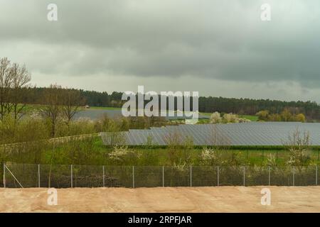 Solar panels of a power plant in a clearing near the forest in the evening. Stock Photo