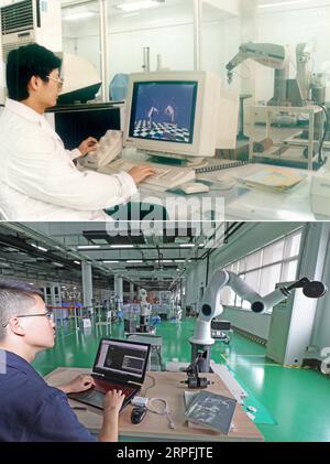 190926 -- BEIJING, Sept. 26, 2019 -- Top: File photo taken in 1990 shows Qu Daokui, who is in charge of a national high-tech program, researching simulation of robot coordination at Shenyang Institute of Automation of Chinese Academy of Sciences in Shenyang, northeast China s Liaoning Province. Bottom: Photo taken on July 1, 2019 by shows Li Dawei, an engineer of SIASUN, a leading enterprise in China s robotic industry, testing software used on a robot in Shenyang. The use of robots has expanded from the manufacturing sector to healthcare, service, consumption and other areas. In 1949 when the Stock Photo