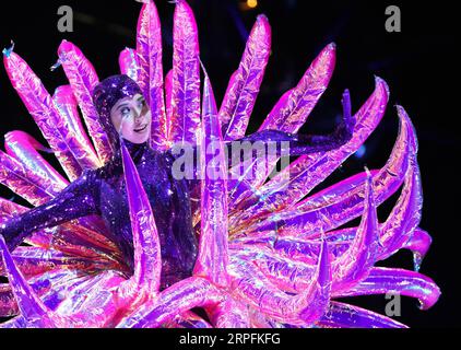 190926 -- WELLINGTON, Sept. 26, 2019 -- A model presents a creation during a show of the World of Wearable Art, an international design competition, in Wellington, New Zealand, Sept. 26, 2019.  NEW ZEALAND-WELLINGTON-WORLD OF WEARABLE ART GuoxLei PUBLICATIONxNOTxINxCHN Stock Photo