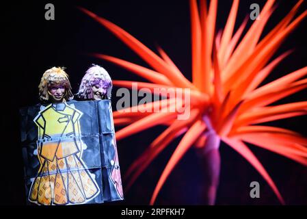 190926 -- WELLINGTON, Sept. 26, 2019 -- Models present creations during a show of the World of Wearable Art, an international design competition, in Wellington, New Zealand, Sept. 26, 2019.  NEW ZEALAND-WELLINGTON-WORLD OF WEARABLE ART GuoxLei PUBLICATIONxNOTxINxCHN Stock Photo