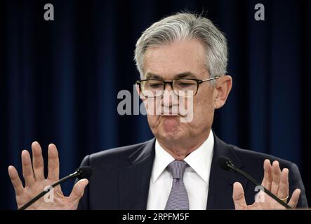 190927 -- BEIJING, Sept. 27, 2019 -- U.S. Federal Reserve Chairman Jerome Powell speaks during a press conference in Washington D.C. Sept. 18, 2019.  Portraits of Sept. 2019 LiuxJie PUBLICATIONxNOTxINxCHN Stock Photo