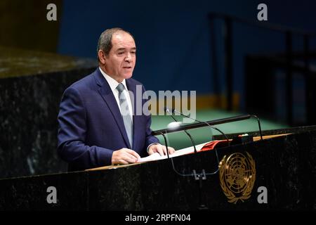 190927 -- UNITED NATIONS, Sept. 27, 2019 -- Algerian Foreign Minister Sabri Boukadoum addresses the General Debate of the 74th session of the UN General Assembly at the UN headquarters in New York, on Sept. 27, 2019.  UN-GENERAL ASSEMBLY-GENERAL DEBATE HanxFang PUBLICATIONxNOTxINxCHN Stock Photo