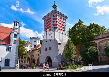 The Red Gate and the historic water towers in Augsburg, Swabia, Bavaria, Germany, Europe Stock Photo