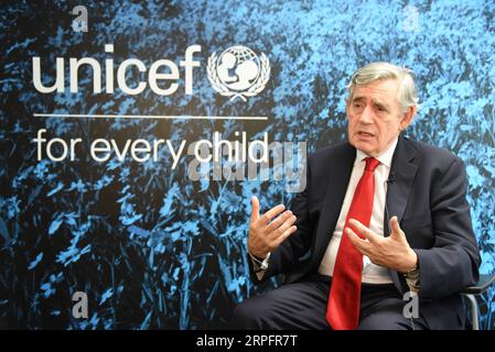 190929 -- NEW YORK, Sept. 29, 2019 -- Former British Prime Minister Gordon Brown, also the incumbent United Nations UN special envoy for global education, speaks in an interview with Xinhua in New York, Sept. 25, 2019. TO GO WITH Interview: Former British PM says China s unparalleled development a cause for celebration  U.S.-NEW YORK-BRITAIN-GORDON BROWN-INTERVIEW ZhangxMocheng PUBLICATIONxNOTxINxCHN Stock Photo