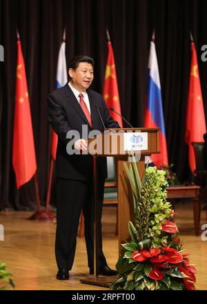 190930 -- BEIJING, Sept. 30, 2019 -- Xi Jinping delivers a speech at the Moscow State Institute of International Relations in Russia, March 23, 2013. TO GO WITH Xi Focus: Xi Jinping and China s new era  CHINA-XI JINPING-NEW ERA CN DingxLin PUBLICATIONxNOTxINxCHN Stock Photo