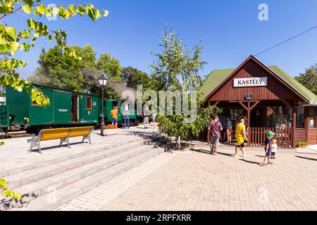 Nagycenki Szechenyi Muzeumvasut narrow gauge railway. Passenger train pulled by 'Andras' steam locomotive at Kastely station, Nagycenk, Hungary Stock Photo