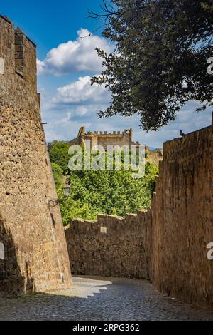 Tuscania, Viterbo, Lazio. A glimpse of the ancient medieval village of Tuscania, city of the Etruscans. The remains of the Rivellino Castle in the bac Stock Photo