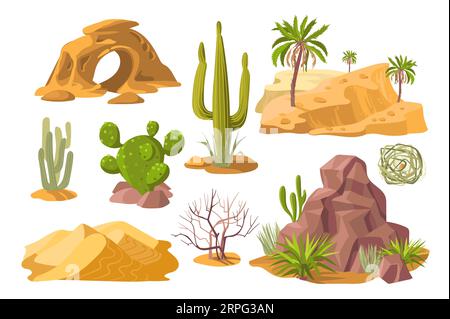 Cartoon desert elements. Sand dune. Stones and agave. Cacti and rocks. Hot and dry climate zone objects. Canyon landscape items. Sahara panorama Stock Vector