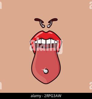 Female nose, lips and tongue with piercings vector illustration for International Body Piercing Day Stock Vector
