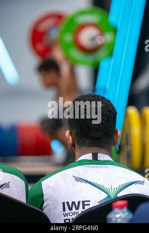 Riyadh, Kingdom Of Saudi Arabia. 04th Sep, 2023. loader crew follows the Men 55 kg of the World Weightlifting IWF Championships in Riyhad (Saudi Arabia), 04th September, 2023at the Prince Faisal bin Fahd Olympic Complex Credits : G.Scala/DBM-Deepbluemedia/Insidefoto Credit: Insidefoto di andrea staccioli/Alamy Live News Stock Photo