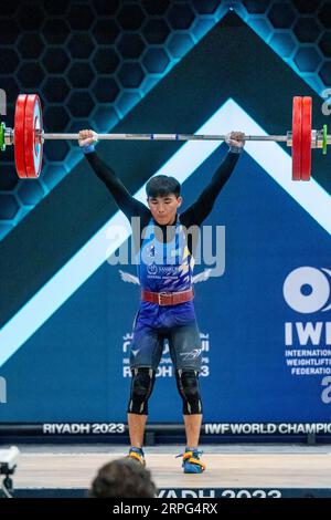 Riyadh, Kingdom Of Saudi Arabia. 04th Sep, 2023. Yernaz Alpyssov of Kazakhstan competes in the Men 55 kg of the World Weightlifting IWF Championships in Riyhad (Saudi Arabia), 04th September, 2023at the Prince Faisal bin Fahd Olympic Complex Credits : G.Scala/DBM-Deepbluemedia/Insidefoto Credit: Insidefoto di andrea staccioli/Alamy Live News Stock Photo