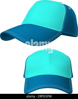 Color baseball. Realistic cap. Blue visor. Head clothing. Sport accessory. Unisex textile hat. Modern headgear front and side view. Headwear mockup Stock Vector