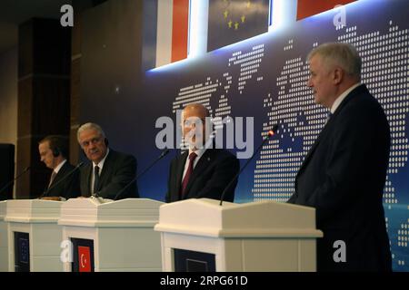 191003 -- ANKARA, Oct. 3, 2019 Xinhua -- EU Commissioner for Migration, Home Affairs and Citizenship Dimitris Avramopoulos 2nd L, Turkish Interior Minister Suleyman Soylu 2nd R, German Interior Minister Horst Seehofer 1st R, and French Ambassador to Turkey Charles Fries attend a joint press conference in Ankara, Turkey, on Oct. 3, 2019. Dimitris Avramopoulos said Thursday there is an urgent need to stop refugees entering Greece from Turkey in an illegal way. Photo by Mustafa Kaya/Xinhua TURKEY-ANKARA-EU-REFUGEES PUBLICATIONxNOTxINxCHN Stock Photo