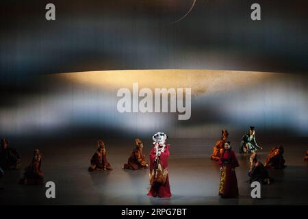 191006 -- BANGKOK, Oct. 6, 2019 Xinhua -- Actors perform in Lady Zhaojun at the Thailand Culture Center in Bangkok, Thailand, Oct. 5, 2019. The theatrical musical Lady Zhaojun of China s well-known singer Li Yugang made its debut here on Saturday night and would also be performed on Sunday night. Wang Zhaojun, who lived some 2,000 years ago in Han dynasty, won big rounds of applause in the Thailand Culture Center. Xinhua THAILAND-BANGKOK-CHINESE MUSICAL-LADY ZHAOJUN PUBLICATIONxNOTxINxCHN Stock Photo