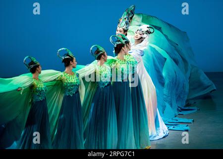 191006 -- BANGKOK, Oct. 6, 2019 Xinhua -- Actors perform in Lady Zhaojun at the Thailand Culture Center in Bangkok, Thailand, Oct. 5, 2019. The theatrical musical Lady Zhaojun of China s well-known singer Li Yugang made its debut here on Saturday night and would also be performed on Sunday night. Wang Zhaojun, who lived some 2,000 years ago in Han dynasty, won big rounds of applause in the Thailand Culture Center. Xinhua THAILAND-BANGKOK-CHINESE MUSICAL-LADY ZHAOJUN PUBLICATIONxNOTxINxCHN Stock Photo