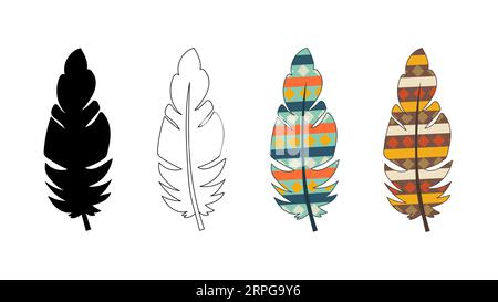 Tribal ethnic bright feathers of Indians. Stylized bird feathers. In color, contour, silhouette. Vector isolated. Indian culture. Design elements. Ornaments in boho style Hippie Stock Vector