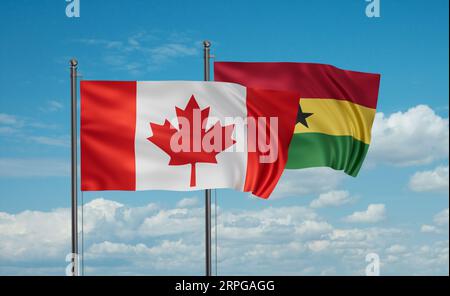 Ghana flag and Canada flag waving together on blue sky, two country cooperation concept Stock Photo