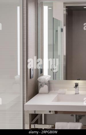 Interior of a modern hotel bathroom with a white sink, mirror, and glass shower Stock Photo