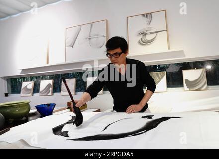 191012 -- SHANGHAI, Oct. 12, 2019 -- Wang Xuyuan, chief director of Han Shu Art Center in Shanghai Normal University, creates at the art center in east China s Shanghai, Oct. 11, 2019. Wang Xuyuan s works featuring various art forms including Chinese ink painting skills combine the beauty of polar landscape with a concept of the spirit of human exploration.  CHINA-SHANGHAI-POLAR-ART CN ZhangxJiansong PUBLICATIONxNOTxINxCHN Stock Photo