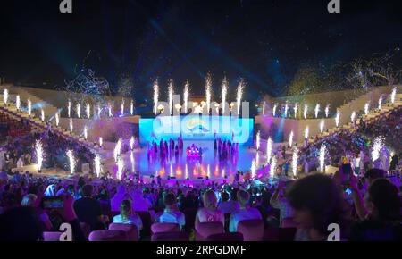 191013 -- DOHA, Oct. 13, 2019 Xinhua -- Artists perform during the Opening Ceremony of the 1st ANOC World Beach Games in Doha, Qatar, Oct. 12, 2019. Xinhua/Nikku SPQATAR-DOHA-ANOC WORLD BEACH GAMES-OPENING CEREMONY PUBLICATIONxNOTxINxCHN Stock Photo