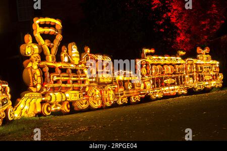 191013 -- MORRISBURG, Oct. 13, 2019 -- Handcraft pumpkin carvings are seen during the 2019 Pumpkinferno at Upper Canada Village in Morrisburg, Ontario, Canada, Oct. 12, 2019. Photo by Zou Zheng/Xinhua CANADA-ONTARIO-MORRISBURG-PUMPKINFERNO ZouxZhuo PUBLICATIONxNOTxINxCHN Stock Photo