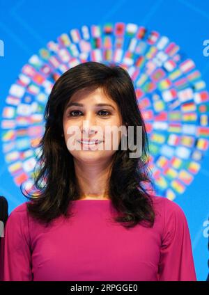 191015 -- WASHINGTON, Oct. 15, 2019 -- International Monetary Fund IMF chief economist Gita Gopinath attends a press conference in Washington D.C., the United States, on Oct. 15, 2019. The International Monetary Fund IMF on Tuesday lowered its global growth forecast for 2019 to 3 percent in the newly-released World Economic Outlook WEO report, down 0.2 percentage point from its estimation in July.  U.S.-WASHINGTON D.C.-IMF-WORLD ECONOMIC OUTLOOK-REPORT-PRESS CONFERENCE LiuxJie PUBLICATIONxNOTxINxCHN Stock Photo