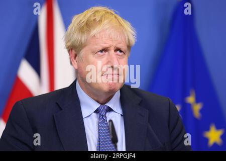 191017 -- BRUSSELS, Oct. 17, 2019 -- British Prime Minister Boris Johnson attends a press conference at the European Commission headquarters in Brussels, Belgium, Oct. 17, 2019. The European Union and Britain have reached a new Brexit deal, Jean-Claude Juncker, president of the European Commission, said Thursday on his twitter account.  PORTRAITSBELGIUM-BRUSSELS-EU-BREXIT-PRESS CONFERENCE ZhengxHuansong PUBLICATIONxNOTxINxCHN Stock Photo