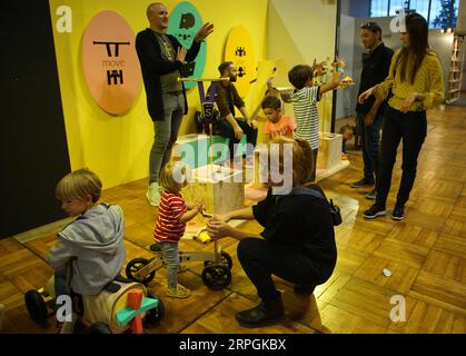 191018 -- PRAGUE, Oct. 18, 2019 Xinhua -- Young visitors try wooden toys during the 21st International Design Festival Designblok in Prague, the Czech Republic, Oct. 17, 2019. The 5-day design festival kicked off here on Thursday. More than 300 designers brought their works to the visitors. Photo by Dana Kesnerova/Xinhua CZECH REPUBLIC-PRAGUE-DESIGN FESTIVAL PUBLICATIONxNOTxINxCHN Stock Photo