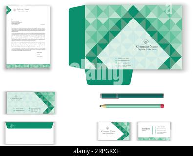 office business stationary set in green rust and white color vector design with letter head envelop folder notepad, usb, paper clip pen pencil busines Stock Vector