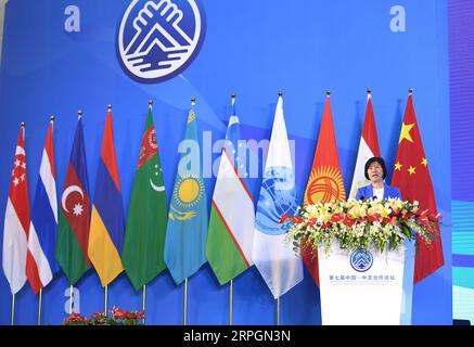 191019 -- NANNING, Oct. 19, 2019 -- Shen Yueyue, vice chairwoman of the Standing Committee of the National People s Congress of China, addresses the opening ceremony of the seventh China-Central Asia Cooperation Forum in Nanning, capital of south China s Guangxi Zhuang Autonomous Region, Oct. 18, 2019.  CHINA-NANNING-SHEN YUEYUE-FORUM-SPEECH CN ZhouxHua PUBLICATIONxNOTxINxCHN Stock Photo