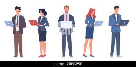 Set of businessman working holding laptops. Men and women in business suits standing and use digital device. Employee works with computers. Vector Stock Vector