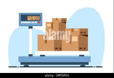 Weighing cardboard boxes with load on floor electronic scale. Warehouse equipment for measurement, delivery storage and shipping. Cartoon flat style Stock Vector