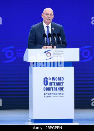 191020 -- TONGXIANG, Oct. 20, 2019 -- John Hoffman, CEO of GSMA Ltd., delivers a speech at the opening ceremony of the sixth World Internet Conference held in Wuzhen, east China s Zhejiang Province, Oct. 20, 2019.  CHINA-ZHEJIANG-WUZHEN-WORLD INTERNET CONFERENCE-OPENINGCN HuangxZongzhi PUBLICATIONxNOTxINxCHN Stock Photo