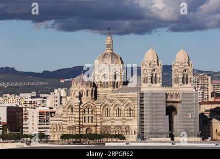 191020 -- MARSEILLE, Oct. 20, 2019 -- The cathedral of Sainte-Marie-Majeure is seen from Pharo Palace in Marseille, France, Oct. 15, 2019. Marseille, an important port city of France, is located on the Mediterranean coast near the mouth of the Rhone.  FRANCE-MARSEILLE-DAILY LIFE GaoxJing PUBLICATIONxNOTxINxCHN Stock Photo