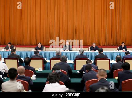 191021 -- BEIJING, Oct. 21, 2019 -- Wang Yang, a member of the Standing Committee of the Political Bureau of the Communist Party of China CPC Central Committee and chairman of the National Committee of the Chinese People s Political Consultative Conference, makes a speech at a seminar held by the United Front Work Department of the CPC Central Committee to mark the 25th anniversary of the launch of the Guangcai Program in Beijing, capital of China, Oct. 21, 2019.  CHINA-BEIJING-WANG YANG-SEMINAR-GUANGCAI PROGRAM CN DingxHaitao PUBLICATIONxNOTxINxCHN Stock Photo