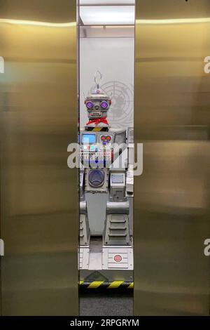 191021 -- UNITED NATIONS, Oct. 21, 2019 -- A robot is seen inside an elevator after a press conference on the Campaign to Stop Killer Robots, at the UN headquarters in New York, Oct. 21, 2019. Mary Wareham, global coordinator of the Campaign to Stop Killer Robots, on Monday urged the international community to stop developing lethal autonomous weapons systems, or killer robots.  UN-STOP KILLER ROBOTS-PRESS CONFERENCE LixMuzi PUBLICATIONxNOTxINxCHN Stock Photo