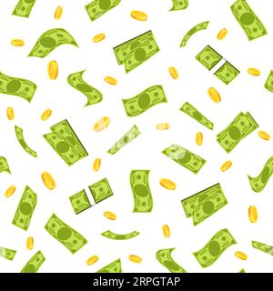 Seamless pattern with bundles of money and coins. Financial background, flying elements on white background. Decor textile, wrapping paper, wallpaper Stock Vector