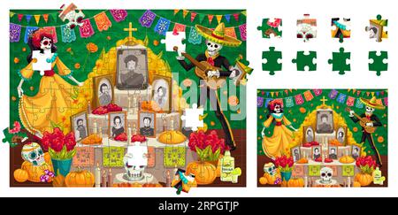 Jigsaw puzzle game pieces. Dia de los muertos day of the dead mexican holiday. Educational vector worksheet for preschool children with funny cartoon Catrina and mariachi skeletons near the altar Stock Vector