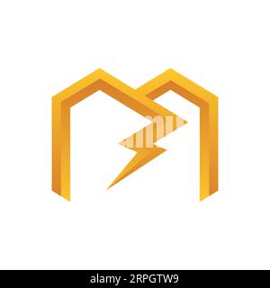 Initial Letter M with Bolt Logo Design Electric M Stock Vector