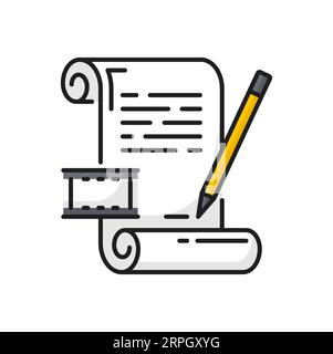 Film scenario, video production icon. Video script, movie screenplay or filmmaking review thin line vector symbol. Cinema industry simple pictogram or sign with paper document, pencil and film strip Stock Vector