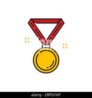 Award ribbon gold medal on red stripe, isolated line golden trophy icon. Vector boxing, fighting, wrestling achievement winner golden medal prize Stock Vector