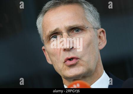 191024 -- BRUSSELS, Oct. 24, 2019 -- NATO Secretary General Jens Stoltenberg makes a statement at the NATO headquarters in Brussels, Belgium, on Oct. 24, 2019. Photo by /Xinhua BELGIUM-BRUSSELS-NATO-DM-MEETING RICCARDOxPAREGGIANI PUBLICATIONxNOTxINxCHN Stock Photo